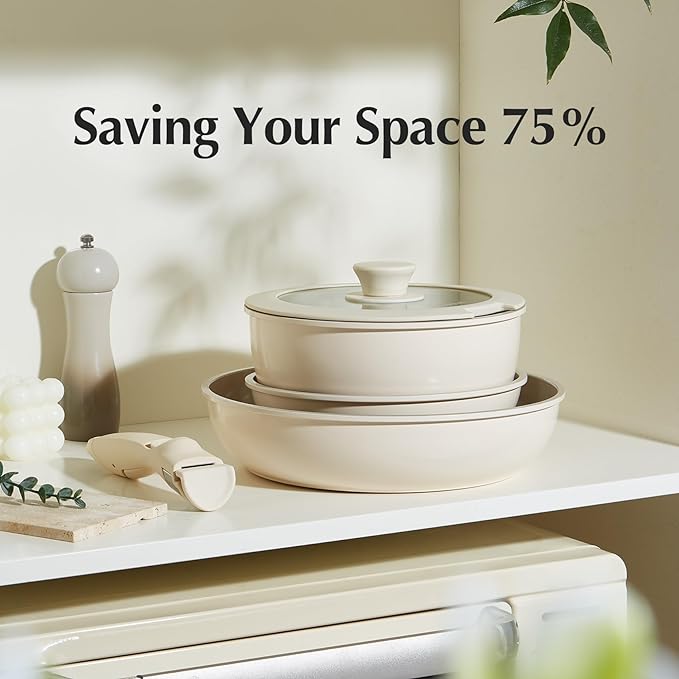 Space-Saving Easy Use Detachable Handle 5pc Cookware Non Toxic Ceramic