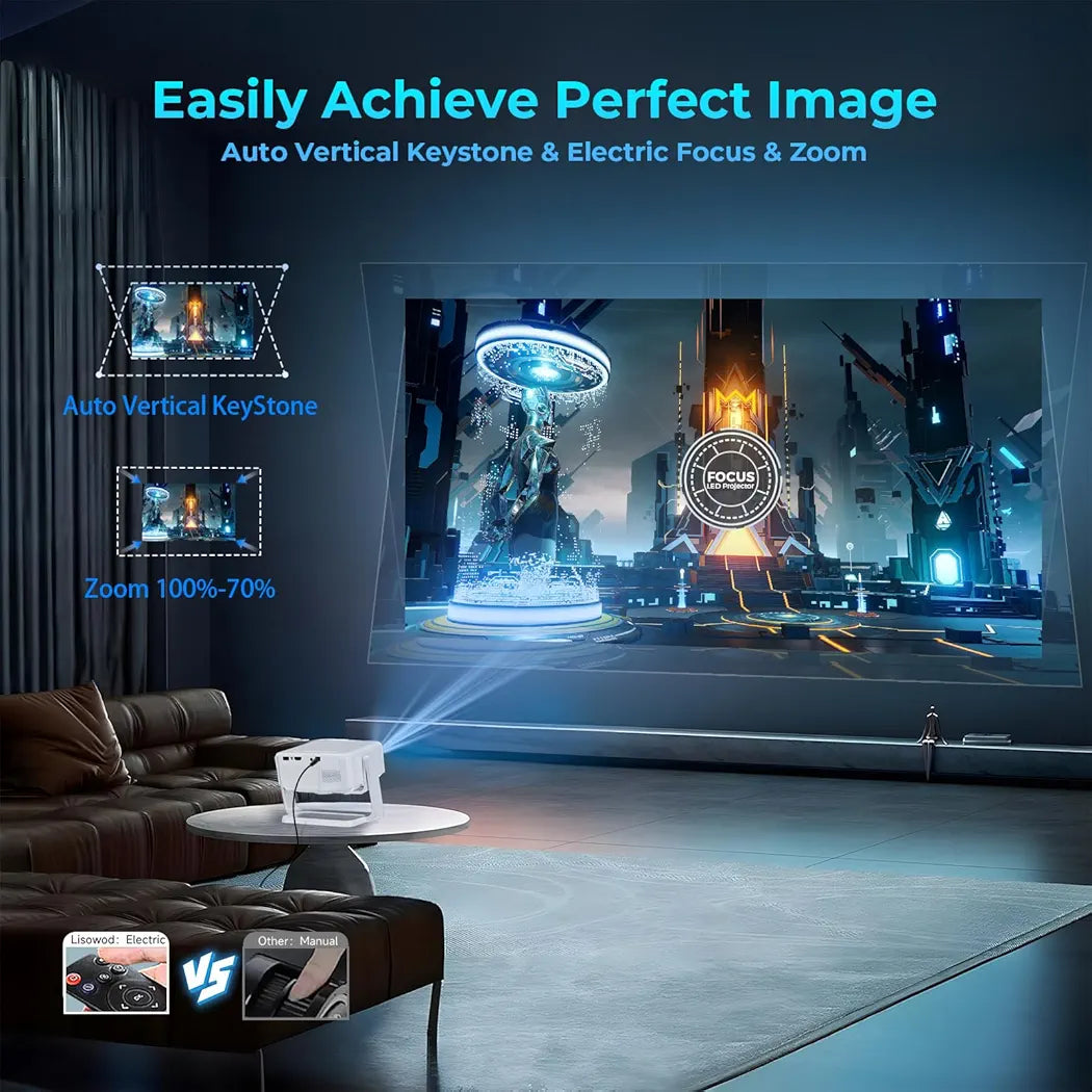 LISOWOD 360°Adjustable-Stand [WiFi & Electric Focus & Auto Keystone], 1080P Outdoor Movie Projector for Phone/TV Stick