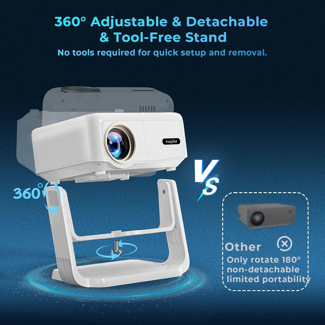 LISOWOD 360°Adjustable-Stand [WiFi & Electric Focus & Auto Keystone], 1080P Outdoor Movie Projector for Phone/TV Stick